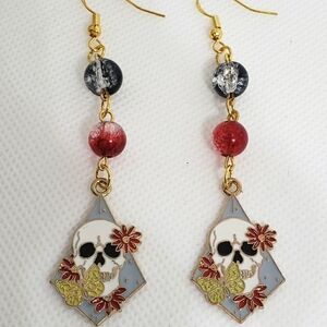 Handmade diamond skull butterfly flower dangle earrings